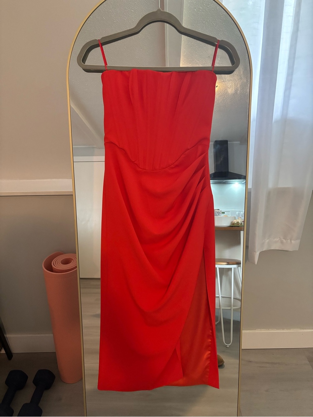 Bardot Red Strapless Draped Midi Dress